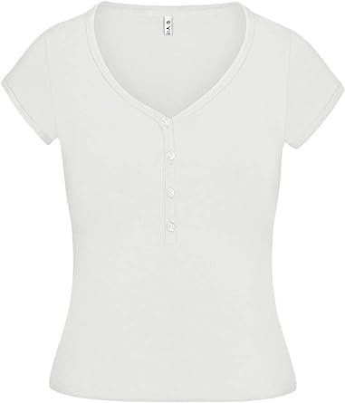 Women's Sexy V Neck Button Short Sleeve