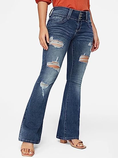 Women's Vintage Low Waist Ripped Button Up Bootcut Jeans