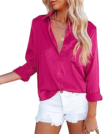 Women's Satin V Neck Long Sleeve Casual Work Blouse Tops