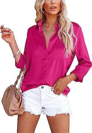 Women's Satin V Neck Long Sleeve Casual Work Blouse Tops