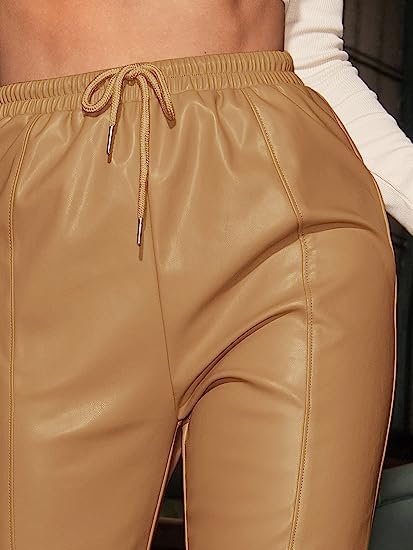 Women's Drawstring High Waisted Cropped Tapered Pu Leather Pants