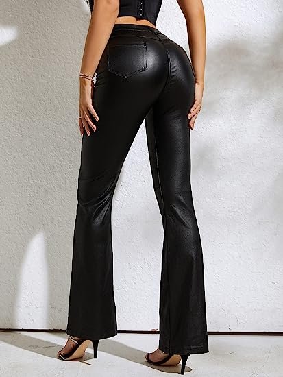 Women's High Waisted Flare Leg PU Leather Long Pants Trousers