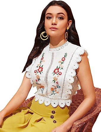 Women's Mock Neck Lace Trim Embroidery Blouse Tops