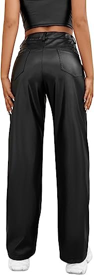 Women's High Waisted Straight Leg Long Pants PU Trousers