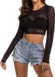 Women Mesh Crop Top Long Sleeve See Through Shirt