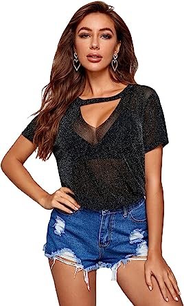 Women's Glitter Sheer Mesh Short Sleeve