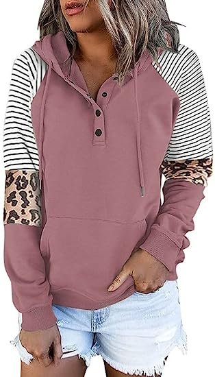 Womens Hooded Button Collar Drawstring Hoodies Pullover Sweatshirts