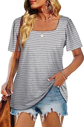 Womens Summer Tops Casual Square Neck Puff Short Sleeve T Shirts