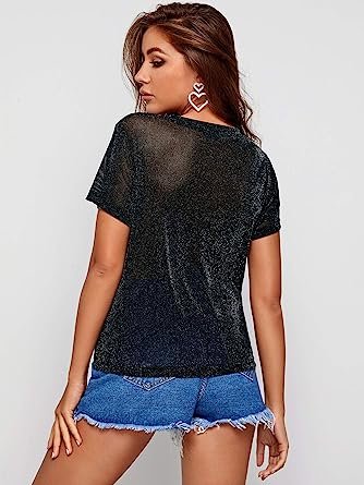 Women's Glitter Sheer Mesh Short Sleeve