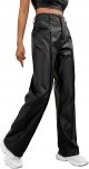 Women's High Waisted Straight Leg Long Pants PU Trousers