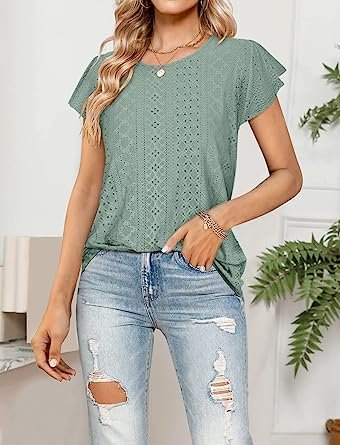 Womens Tops Summer Ruffle Sleeve Crew Neck T shirts