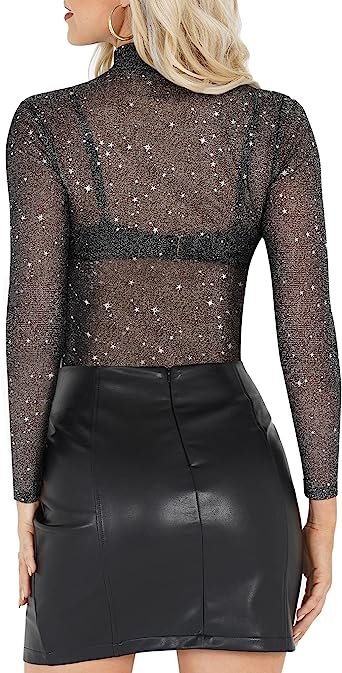 Women's Glitter Sheer Mesh Tops T Shirt Blouse