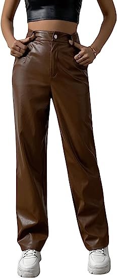 Women's Faux Leather Straight Leg Zipper Fly Long Pants